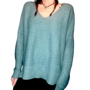 Rachel Zoe Sz L Sage Green Waffle Knit V Neck Boxy Loose Classic Preppy Cozy